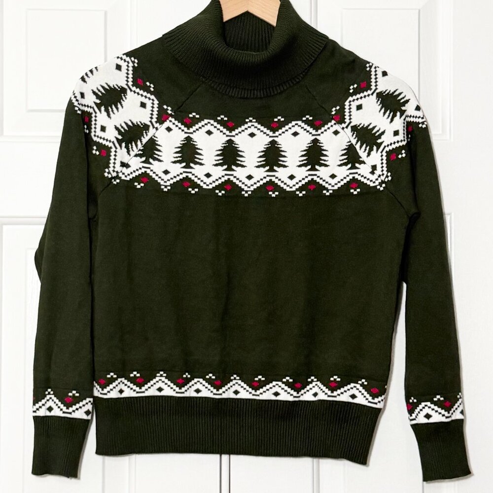 Retrology Green Nordic Christmas Sweater Turtleneck Petite L  / Cozy / Cottage